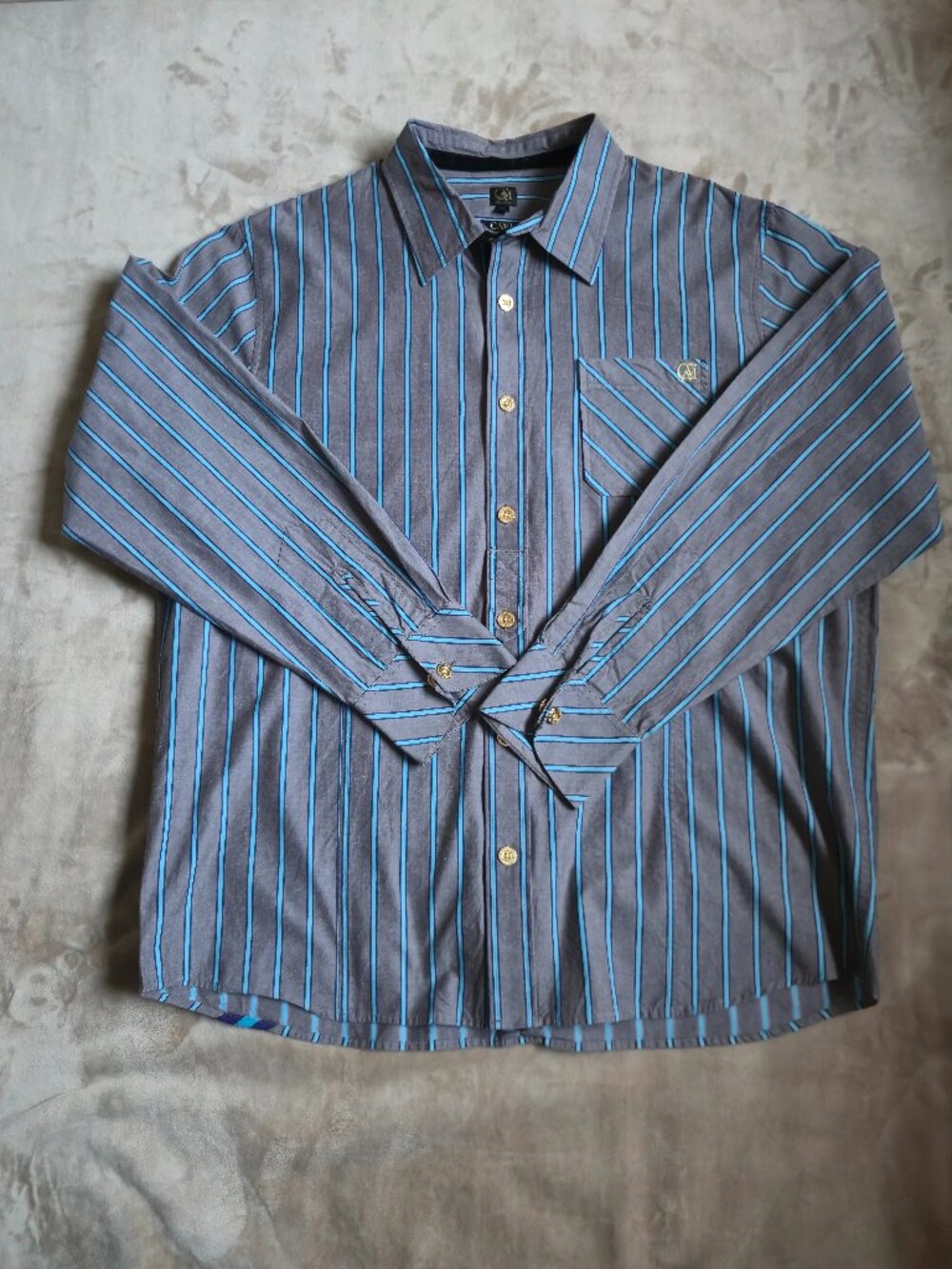 CAVI Striped Long Sleeve Button Down Shirt Gray Aqua Blue Embroidered Men's 2XL